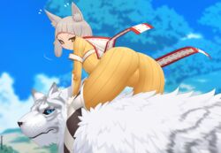  animal_ears ass black_hair blue_eyes blush bodysuit cat_ears female from_behind kuroonehalf looking_at_viewer looking_back niyah orange_eyes riding shiny shiny_hair short_hair xenoblade xenoblade_(series) xenoblade_2 