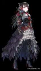  absurdres android black_background black_hair chains closed_mouth commentary_request dress female frilled_dress frills full_body gears gem grey_eyes headgear high_heels highres irua joints long_hair looking_at_viewer mono_(shadowverse) multicolored_eyes official_art red_eyes robot_joints shadowverse slit_pupils solo torn_clothes 