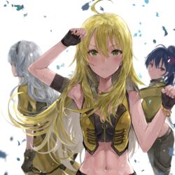  3girls ahoge bare_arms black_gloves black_hair blonde_hair blush breasts brown_gloves chan1moon commentary fingerless_gloves fur_collar ganaha_hibiki gloves hair_between_eyes highres hoshii_miki idolmaster idolmaster_(classic) idolmaster_million_live! idolmaster_million_live!_theater_days jacket leaf long_hair looking_at_viewer medium_breasts multiple_girls navel pants project_fairy_(idolmaster) puffy_short_sleeves puffy_sleeves shijou_takane short_sleeves simple_background sleeveless solo_focus sweatdrop upper_body white_background white_hair yellow_eyes yellow_jacket 