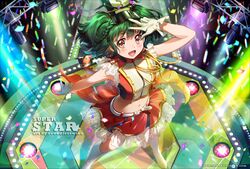  :d arm_up artist_name belt boots braid commentary confetti female frilled_skirt frills from_above gloves glowstick green_hair hat idol kaze-hime knee_boots looking_at_viewer macross macross_30 macross_frontier midriff navel oosanshouuo-san open_mouth outstretched_arm pose ranka_lee red_eyes red_skirt short_hair skirt smile solo stage stage_lights w watermark web_address white_footwear white_gloves 