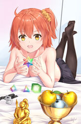  :d ahoge apple artist_name black_pantyhose black_skirt blush breasts cleavage collarbone command_spell commentary_request cube fate/grand_order fate_(series) female floating floating_object food fruit fujimaru_ritsuka_(female) gem golden_apple hair_between_eyes hair_ornament hair_scrunchie highres holy_grail_(fate) indoors jacket knight lying mana_prism medium_breasts medium_hair no_bra no_shoes on_stomach one_side_up open_clothes open_jacket open_mouth orange_eyes orange_hair pantyhose saber_class_(fate) saint_quartz_(fate) saint_quartz_fragment scrunchie signature silver_apple skirt skyrail smile solo statue stellated_octahedron tetrahedron topless 