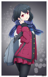  absurdres backpack bad_id bad_pixiv_id bag black_pantyhose blue_scarf blush commentary_request female from_side hair_between_eyes highres jacket lis_zhu_long long_hair long_sleeves looking_at_viewer original pantyhose photoshop_(medium) pink_jacket pink_skirt plaid plaid_scarf pleated_skirt red_eyes scarf shirt skirt sleeves_past_wrists solo uniform white_shirt 