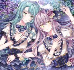  2girls aqua_flower aqua_hair aqua_rose arm_up bang_dream! blue_bow blue_bowtie blue_flower blue_rose blue_skirt bow bowtie commentary_request corset crossed_bangs earrings flower frills green_eyes hair_flower hair_ornament hand_on_own_chest hand_up high-waist_skirt hikawa_sayo jewelry light_blush light_purple_hair long_hair looking_at_viewer lying minato_yukina multiple_girls nennen on_back parted_lips purple_flower purple_rose rose short_sleeves skirt striped_bow striped_bowtie striped_clothes wrist_cuffs yellow_eyes yellow_flower yellow_rose 