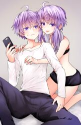  1boy ahoge bare_arms bare_legs bare_shoulders black_legwear blush brother_and_sister cellphone collarbone commentary female grey_background hair_between_eyes highres holding holding_phone hug hug_from_behind kakan_(amka) long_hair looking_at_viewer original pants phone purple_eyes purple_hair shirt short_hair_with_long_locks short_shorts shorts siblings sidelocks simple_background smartphone smile sweatdrop thighhighs tongue tongue_out vocaloid voiceroid white_shirt yuzuki_yukari yuzuki_yukari&#039;s_younger_twin_brother 