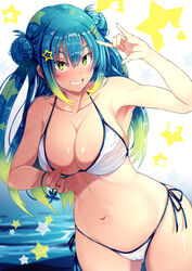  \m/ arm_up armpits ass_visible_through_thighs bikini blue_hair blush breasts collarbone commentary_request cowboy_shot double_bun female gradient_background gradient_hair green_hair grin hair_between_eyes hair_bun hair_ornament hairclip halterneck highres large_breasts long_hair multicolored_hair navel opanchu_(hakusen) original side-tie_bikini_bottom sidelocks smile solo star_(symbol) star_hair_ornament stomach swimsuit thighs two_side_up water white_background white_bikini yellow_eyes 