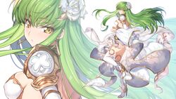  bad_id bad_pixiv_id blush breasts c.c. code_geass commentary_request cosplay creayus dated detached_sleeves dress female flower full_body glorybringer_(granblue_fantasy) glorybringer_(granblue_fantasy)_(cosplay) granblue_fantasy green_hair hair_between_eyes hair_flower hair_ornament high_heels highres long_hair long_sleeves looking_at_viewer medium_breasts simple_background solo sword thighhighs very_long_hair weapon white_background white_dress white_flower white_thighhighs yellow_eyes zoom_layer 