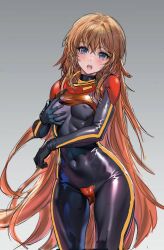  black_bodysuit blue_eyes blush bodysuit breasts female gloves gundam gundam_zz highres huo_ji_wu long_hair looking_at_viewer mecha_pilot_suit normal_suit open_mouth orange_hair purple_eyes puru_two science_fiction simple_background solo 