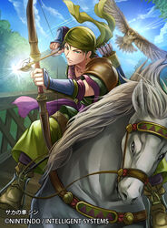  1boy arrow_(projectile) bandana bird boots bow_(weapon) commentary_request earrings fire_emblem fire_emblem:_the_binding_blade fire_emblem_cipher green_eyes green_hair hawk horse jewelry leaf male_focus nekobayashi official_art quiver sin_(fire_emblem) sky solo sparkle tree weapon 