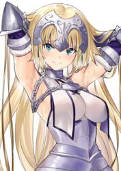  absurdres armor armored_dress armpits arms_behind_head arms_up blonde_hair blue_eyes breasts chains collar dress elbow_gloves fate/apocrypha fate/grand_order fate_(series) female gauntlets gloves hands_in_hair headpiece highres jeanne_d&#039;arc_(fate) jeanne_d&#039;arc_(third_ascension)_(fate) jikatarou large_breasts long_hair metal_collar plackart smile sweat very_long_hair white_background white_dress 