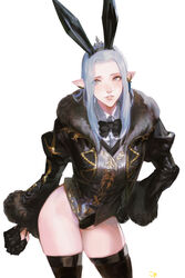  animal_ears bad_id bad_pixiv_id black_thighhighs blue_eyes bow bowtie coat cowboy_shot elezen elf female final_fantasy final_fantasy_xiv frischenq fur_trim gloves hand_on_own_hip leotard long_hair long_sleeves looking_at_viewer no_pants parted_lips pointy_ears rabbit_ears solo thighhighs warrior_of_light_(ff14) white_background white_hair 