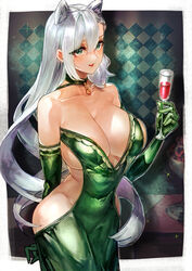  :d alcohol alternate_costume animal_ears bad_id bad_pixiv_id bare_shoulders breasts cleavage commentary_request commission cup dress drinking_glass elbow_gloves female girls&#039;_frontline gloves green_dress green_eyes green_gloves hair_between_eyes highres huge_breasts ksvk_(girls&#039;_frontline) long_hair open_mouth revealing_clothes signo_aaa simple_background skeb_commission smile solo very_long_hair wine wine_glass 