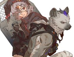  1boy animal_ears arknights arm_ribbon armband ballistic_shield bandage_over_one_eye bandolier black_coat black_collar blood bow carrying_over_shoulder cast coat collar earrings emblem eyebrow_piercing female fingernails furry furry_male grey_eyes grey_hair grey_jacket hair_ornament hair_over_one_eye hat hat_bow high_collar highres hood hood_down hooded_jacket hyena_boy hyena_ears injury jacket jewelry layered_clothes looking_at_another mgong520 multicolored_clothes multicolored_jacket parted_lips piercing popukar_(arknights) rabbit_hair_ornament red_bow red_pupils ribbon riot_shield shield short_hair simple_background sleeveless spot_(arknights) stud_earrings swept_bangs toned upper_body white_background x_hair_ornament 