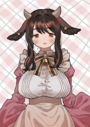  :d absurdres animal_ears apron bell black_hair blush bow bowtie breasts brown_eyes brown_hair button_gap dress female goat_ears goat_girl goat_horns highres horizontal_pupils horns juliet_sleeves large_breasts long_hair long_sleeves looking_at_viewer maid_apron open_mouth original plaid plaid_background puffy_sleeves smile solo striped_bow striped_bowtie striped_clothes upper_body zinbei 