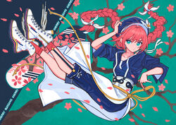  aqua_background aqua_eyes blue_background blue_headwear blue_pants blue_shirt braid capri_pants cherry_blossoms closed_mouth commentary english_text falling_petals female floating_hair flower full_body hair_ribbon highres kaneni long_hair looking_at_viewer original pants pants_under_skirt petals pink_flower red_hair red_socks ribbon shirt shoes skirt sleeves_rolled_up sneakers socks solo twin_braids two-tone_background white_footwear white_ribbon white_skirt 