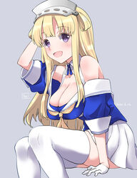  blonde_hair blue_eyes blue_shirt breasts cleavage double_bun female fletcher_(kancolle) fujii_jun gloves hair_bun hair_ornament hairband kantai_collection large_breasts long_hair looking_at_viewer neckerchief off_shoulder open_mouth pleated_skirt purple_eyes sailor_collar school_uniform serafuku shirt skirt smile star_(symbol) star_hair_ornament thighhighs united_states_medal_of_honor white_gloves white_legwear white_sailor_collar white_skirt yellow_neckerchief 