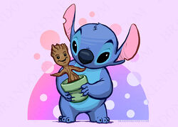  alien black_eyes blue_body blue_claws blue_fur blue_nose brandon_kenney carrying_another claws crossover disney duo elemental_creature experiment_(lilo_and_stitch) flora_fauna flower_pot fur groot guardians_of_the_galaxy head_tuft lilo_and_stitch marvel notched_ear open_mouth open_smile plant simple_background smile standing stitch_(lilo_and_stitch) text tuft url watermark 