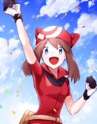  :d arm_up black_gloves blue_eyes brown_hair female gloves hair_between_eyes haisato_(ddclown14) jacket long_hair looking_at_viewer may_(pokemon) outdoors pokemon pokemon_rse red_headwear red_jacket short_sleeves smile solo two-tone_gloves upper_body white_gloves 