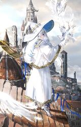  bird blue_eyes blue_hat capelet castle city cloak cloud commentary_request european_architecture fantasy female full_body gawako hair_over_one_eye hat highres holding holding_staff long_hair original parted_lips solo staff standing two-sided_fabric two-sided_headwear white_bird white_capelet white_cloak white_footwear white_hair white_hat witch witch_hat 