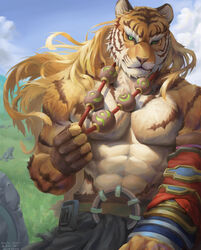  1boy abs animal_ears artist_request bad_id bad_pixiv_id bara bead_necklace beads black_sclera blue_sky check_artist colored_sclera feet_out_of_frame furry furry_male green_eyes highres jewelry long_hair male_focus muscular muscular_male necklace no_nipples orange_fur outdoors pang_(sdorica) pectorals polarcorazon sdorica sky solo stomach thick_eyebrows tiger_boy tiger_ears topless_male two-tone_fur white_fur 