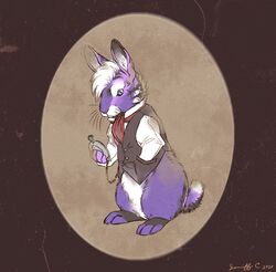  2020 3_toes barefoot blue_eyes bottomless clothed clothing digital_media_(artwork) feet feral fingers fur hair lagomorph leporid male mammal purple_body purple_fur rabbit solo thelupinprincess toes white_hair 