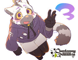  anthro blush bottomwear chardonnay_romancia clothing cotton_(artist) fur lemur male mammal nazk_banua primate purple_eyes shirt shorts smile solo strepsirrhine topwear white_body white_fur yellow_sclera 