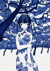  absurdres black_hair blue_eyes blue_nails blue_theme breasts china_dress chinese_clothes double_bun dress feet_out_of_frame female hair_bun highres medium_breasts monochrome original qinghua_(porcelain) solo tree zinbei 