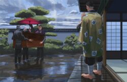  4boys after_rain bandages barefoot belt black_footwear black_hair black_headwear black_mask black_pants box cloud commentary_request demon_slayer_uniform hakama hakama_pants happi himejima_gyoumei holding holding_box holding_umbrella japanese_clothes kimetsu_no_yaiba mask multiple_boys outdoors pants puddle purple_vest scar scar_on_cheek scar_on_face scar_on_forehead shinazugawa_genya sukoshinemui3 tree umbrella vest wet wet_hair wooden_box 