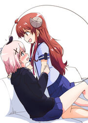  2girls ahoge between_legs blush brown_eyes brown_hair chiyoda_momo couch cowgirl_position curled_horns demon_girl demon_horns demon_tail expressive_tail hair_ornament highres horns long_hair long_tail looking_at_another machikado_mazoku mukaibi_aoi multiple_girls open_mouth pink_hair school_uniform short_hair tail yoshida_yuuko_(machikado_mazoku) yuri 