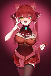  absurdres animal_ear_fluff animal_ears ascot black_choker black_thighhighs blush breasts cat_ears cat_tail choker cleavage covered_navel cropped_jacket fangs female frilled_choker frills hair_ribbon heart heart_in_eye heterochromia highres holding_own_tail hololive houshou_marine houshou_marine_(1st_costume) large_breasts leotard leotard_under_clothes long_hair looking_at_viewer miniskirt no_eyepatch open_mouth pleated_skirt red_ascot red_background red_eyes red_hair red_ribbon red_skirt ribbon skirt sleeveless sleeveless_jacket smile solo symbol_in_eye tail thighhighs twintails virtual_youtuber yellow_eyes yuzuyukiha 