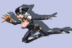  android breasts claws cleavage female green_eyes high_heels joints looking_at_viewer matagitii mechanical_ears oerba_yun_fang open_hand open_mouth original photoshop_(medium) purple_background robot robot_joints science_fiction 