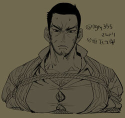  1boy ainu_clothes bara beard bondage bondage bound bursting_pectorals buzz_cut chest_hair cropped_torso facial_hair golden_kamuy greyscale hairy karipaku large_pectorals long_sideburns looking_at_viewer male_focus mature_male monochrome muscular muscular_male pectoral_cleavage pectorals rope short_hair sideburns solo stubble sweatdrop tanigaki_genjirou translation_request upper_body very_short_hair 