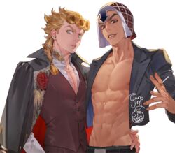  2boys abs areolae arms_around_waist bare_pectorals belt black_eyes blonde_hair braid braided_ponytail cigarette collarbone collared_jacket earrings flower formal funpjinju giorno_giovanna green_eyes guido_mista hat holding holding_cigarette jacket jewelry jojo_no_kimyou_na_bouken long_hair long_sleeves looking_at_viewer male_focus midriff multiple_boys navel nipples open_clothes open_jacket open_mouth pectorals simple_background suit toned toned_male vento_aureo vest white_background 