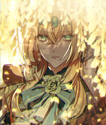  1boy blonde_hair bow circlet crossed_bangs dappled_sunlight flower gloves green_bow green_eyes green_flower green_rose hair_between_eyes hair_ornament half_gloves hand_in_own_hair highres leavanny long_hair looking_at_viewer male_focus moe_(hamhamham) outdoors parted_lips personification pokemon rose solo sunlight upper_body white_flower wisteria 