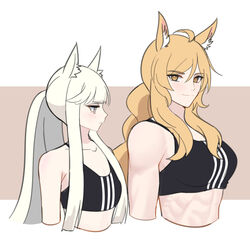  2girls abs ahoge animal_ear_fluff animal_ears arknights bare_shoulders black_sports_bra blonde_hair blush breast_envy breasts brown_eyes collarbone commentary_request crop_top grey_eyes highres horse_ears long_hair looking_at_another looking_at_viewer medium_breasts medium_support_(meme) meme midriff multiple_girls navel nearl_(arknights) platinum_(arknights) sidelocks small_breasts smile sports_bra stomach supershrimpcakes toned upper_body very_long_hair white_hair 