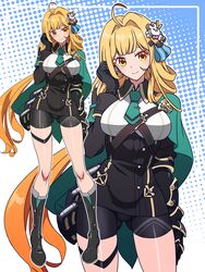  absurdres ahoge black_footwear black_gloves black_shorts blonde_hair boots breasts cape closed_mouth commentary_request female gloves green_cape green_necktie hair_ornament highres honkai_(series) honkai_impact_3rd imtmcomics large_breasts long_hair long_sleeves looking_at_viewer magazine_(weapon) necktie official_alternate_costume outline shorts smile standing susannah_manatt susannah_manatt_(valkyrie_quicksand) very_long_hair white_outline zoom_layer 