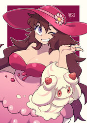  alcremie alcremie_(strawberry_sweet) alcremie_(vanilla_cream) breasts brown_hair chichibu_(watson) cleavage commentary commission cowboy_shot female flower hat hat_flower highres large_breasts long_hair one_eye_closed outline pink_headwear pokemon pokemon_(creature) purple_eyes w water_drop white_outline 