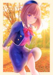  absurdres arima_kana arms_behind_back autumn autumn_leaves beret blue_hat blue_jacket blue_skirt blunt_bangs blunt_ends blurry blurry_background bob_cut border bow bowtie brown_hair collared_shirt commentary_request cowboy_shot depth_of_field evening female floating_hair hat highres ichijo_kazuya interlocked_fingers jacket juliet_sleeves light_rays lips long_sleeves looking_at_viewer loose_bowtie medium_hair oshi_no_ko outdoors outside_border own_hands_together park pink_lips puffy_sleeves purple_eyes purple_sweater red_bow red_bowtie school_uniform shirt signature skirt smile solo sunlight sweater tree twilight white_border white_shirt youtou_high_school_uniform 