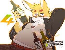  alcohol anthro beverage blush bottle chardonnay_romancia container cotton_(artist) eyewear fur glasses jey_caroot lagomorph leporid male mammal overweight overweight_male rabbit simple_background smile solo wine wine_bottle yellow_body yellow_fur 