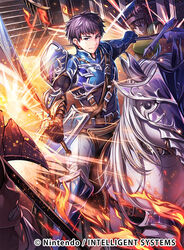  1boy armor armored_boots axe boots chachie commentary_request faceless faceless_male fingerless_gloves fire fire_emblem fire_emblem:_the_binding_blade fire_emblem_cipher gloves headband horse male_focus noah_(fire_emblem) official_art polearm purple_eyes purple_hair solo spear sword teeth weapon 