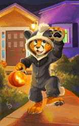  4_toes anthro barefoot black_pawpads building cheetah claws clothing countershade_feet countershading feet felid feline halloween hi_res holidays house male mammal onesie pandapaco pawpads paws plantigrade soles solo toes 