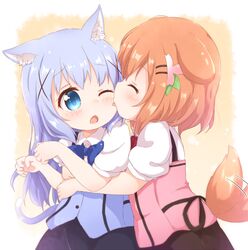  2girls ^_^ afterimage animal_ear_fluff animal_ears araki495 black_skirt blue_eyes blue_hair blue_vest blush brown_hair cat_day cat_ears cat_girl cat_tail closed_eyes collared_shirt commentary_request dog_ears dog_girl dog_tail gochuumon_wa_usagi_desu_ka? highres hoto_cocoa kafuu_chino kemonomimi_mode licking licking_another&#039;s_cheek licking_another&#039;s_face long_hair md5_mismatch multiple_girls oerba_yun_fang one_eye_closed open_mouth pink_vest puffy_short_sleeves puffy_sleeves rabbit_house_uniform resolution_mismatch shirt short_sleeves skirt source_larger tail tail_wagging uniform very_long_hair vest waitress white_shirt yuri 