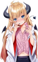  aged_down ahoge alternate_breast_size aqua_eyes bad_id bad_twitter_id black_horns black_skirt blonde_hair blush center_frills collarbone demon_girl demon_horns demon_tail demon_wings female frilled_shirt frills fumihiko_(fu_mihi_ko) hands_up head_tilt hololive horn_ornament horn_ring horns lab_coat long_hair looking_at_viewer navel oversized_clothes parted_lips pointy_ears shirt single_sidelock skirt sleeveless sleeveless_shirt smile solo swept_bangs tail teeth transparent_background very_long_hair virtual_youtuber wings yuzuki_choco yuzuki_choco_(1st_costume) 