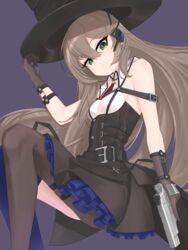  absurdres asymmetrical_legwear bare_shoulders belt breasts brown_hair closed_mouth dated_commentary dress earpiece feet_out_of_frame female frills girls&#039;_frontline gloves green_eyes gun hair_between_eyes handgun hat highres holding holding_gun holding_weapon jsl_spitfire long_hair looking_at_viewer nabiyan purple_background simple_background sleeveless small_breasts smile solo spitfire_(girls&#039;_frontline) top_hat trigger_discipline very_long_hair weapon 