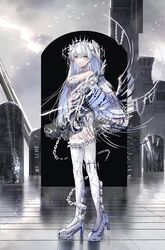  bird boots breasts chains cloud cloudy_sky commentary_request dress female from_side full_body gawako high_heel_boots high_heels highres light_particles long_hair looking_at_viewer original outdoors parted_lips sky small_breasts solo standing thigh_boots thighhighs tiara white_bird white_dress white_footwear white_hair white_thighhighs yellow_eyes 