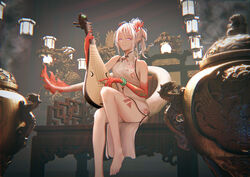  :3 absurdres arknights bracelet braid china_dress chinese_clothes dragon_girl dragon_horns dragon_tail dress feet female fuann highres holding holding_instrument horns indoors instrument jewelry looking_at_viewer nian_(arknights) nian_(unfettered_freedom)_(arknights) official_alternate_costume pointy_ears ponytail purple_eyes single_braid sitting smoke solo tail white_hair 