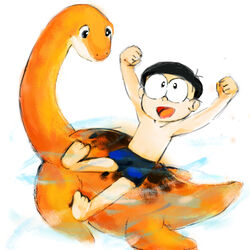  1:1 2022 4_toes 5_fingers black_hair bottomwear clothed clothing dinosaur duo extinct eyewear feet feral fingers fist glasses hair human male mammal mt_tg nobita_nobi open_mouth orange_body orange_skin piisuke_(doraemon) prehistoric_species raised_arms reptile riding scalie shaded shorts sitting toes tongue water 