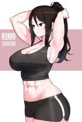  abs alternate_hairstyle alternate_muscle_size amogan armpits arms_up black_shorts black_sports_bra blue_eyes breasts brown_hair cleavage cowboy_shot facing_to_the_side female girls_und_panzer groin gym_shorts height highres large_breasts long_hair midriff muscular muscular_female navel nonna_(girls_und_panzer) ponytail shorts sideboob simple_background solo sports_bra sportswear weight 