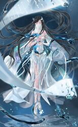  absurdres bare_shoulders black_hair blue_flower closed_eyes dark_background doupo_cangqiong facing_viewer female floating_hair flower full_body gold_trim gu_xun_er_(doupo_cangqiong) hair_floating_upwards hair_ornament high_heels highres long_hair mouth_veil mudra scroll see-through see-through_sleeves solo standing veil very_long_hair white_flower white_footwear xiao_xun_er_shiguang_lu 