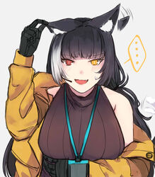  ... afterimage animal_ear_fluff animal_ears black_gloves black_hair blush breasts cat_ears commentary female girls&#039;_frontline gloves grey_background heterochromia hinagi_(fox_priest) jacket kemonomimi_mode large_breasts long_hair long_sleeves looking_at_viewer multicolored_hair open_mouth red_eyes ro635_(girls&#039;_frontline) simple_background solo spoken_ellipsis streaked_hair symbol-only_commentary upper_body white_hair yellow_eyes yellow_jacket 