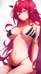  aqua_eyes arms_at_sides bikini black_bikini breasts breasts_apart collarbone cowboy_shot female getto hair_between_eyes halo heterochromia highleg highleg_bikini highres hololive hololive_english horns irys_(hololive) large_breasts long_hair looking_at_viewer navel pink_eyes pointy_ears purple_hair simple_background sitting solo string_bikini swimsuit very_long_hair virtual_youtuber white_background 